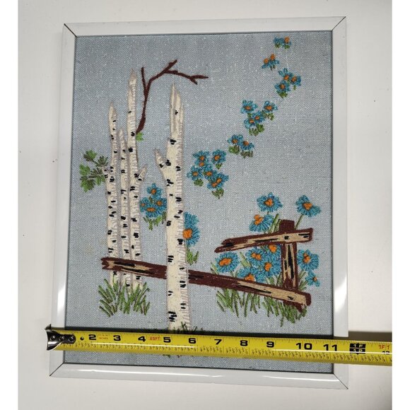 Birch Trees & Flowers Cross Stitch Art Framed 14.75x11.5" Needlepoint - Picture 8 of 10
